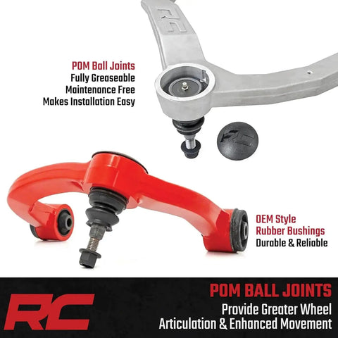 Forged Upper Control Arms For 07 18 Chevy And GMC Trucks And SUVs Aluminum Forged Strength POM Ball Joints For More Motion And Easier Install Corrects Ball Joint Angle For Lifted Rigs Clevite Rubber Bushings Fully Greaseable - product image showing aluminum and red control arms with ball joints and bushings