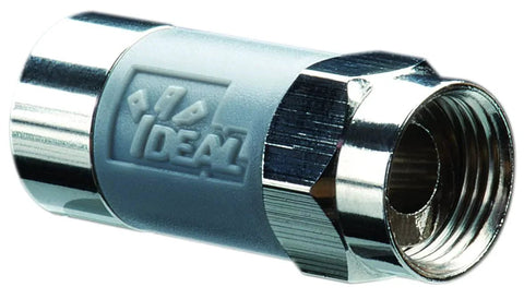 Nickel Push On F Connector for cable and satellite TV installations, Ideal Industries TLC design, tool-less, nickel finish.