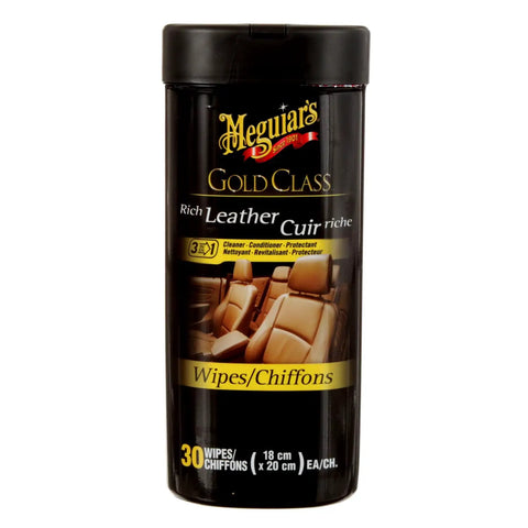 Gold Class Rich Leather Wipes For Car Care With Conditioning And UV Protection, Moisturizers Help Prevent Drying Out And Cracking, 30 Count By Meguiar's in tub packaging, 30 wipes.