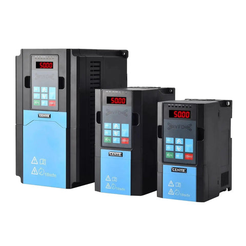 Front view of three black and blue VFD units for CNC machines, featuring the Beefy 2.2 kW VFD For CNC Spindle Speed Control 3 HP 220V.