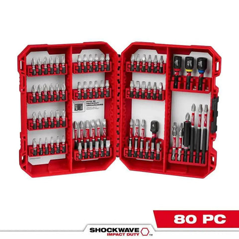 Shockwave Impact Duty Driver Bit Set 80 Piece With Wear Guard Tip And Optimized Shock Zone For Maximum Torque And Long Life Made From Custom Alloy76 Steel For Superior Durability And Tough Jobs Milwaukee in red case open view