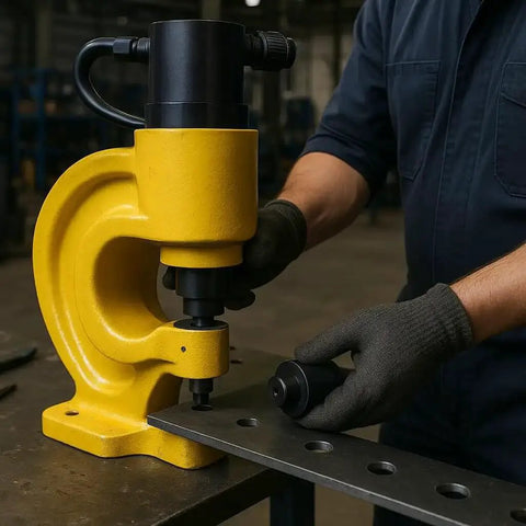 Square Hole Punch Die Set For CH-70 Hydraulic Punching in use, yellow hydraulic press punching metal for precise square holes.