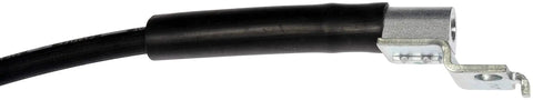 Front driver-side brake hydraulic hose, black rubber with metal mounting bracket.