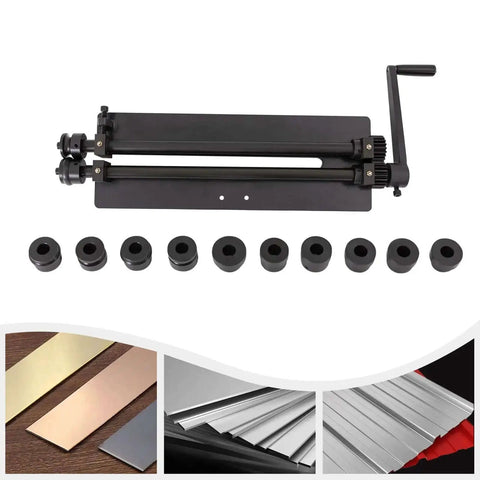 Bead Roller For Sheet Metal Fabrication With Rotary Beading Tool And 6 Dies 18 Inch Throat 1.2mm 18 Gauge Capacity Carbon Steel Manual Beading Machine For Auto Body Panels Ductwork And Welding Projects Pre Drilled Mounting Holes For Stable Stand displayed with dies