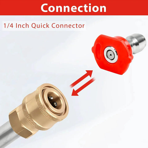 0 Degree Red Pressure Washer Nozzle with One Quarter Inch Quick Connect Seven Pack Replacement Nozzles for Power Washers Up To Four Thousand PSI