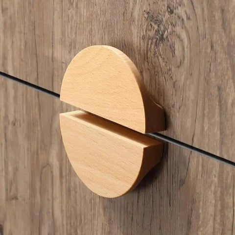 Four Pack Semicircle Wood Cabinet Handles Beechwood Solid Wood Vintage Hardware for kitchen cabinets drawers installed on wood surface