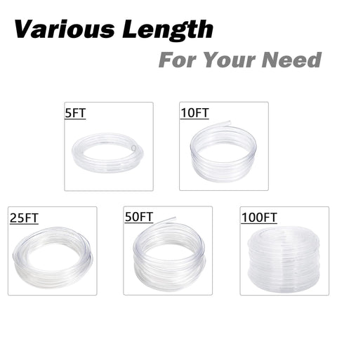 Clear vinyl tubing, 1/4 in ID, five DAVCO coils Amazon in 5, 10, 25, 50, 100 ft lengths