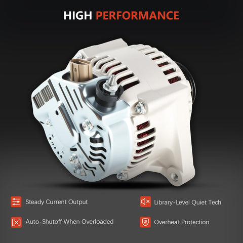 Front view of a beefed-up alternator replacement for Toyota Corolla Matrix Celica MR2 Spyder and Pontiac Vibe 2000-2008 1.8L.