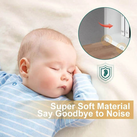 Sleeping baby next to 200 Pack Self Adhesive Cabinet Door Bumpers Pads Clear Soft Rubber Circular Dots For Cupboards Drawers.