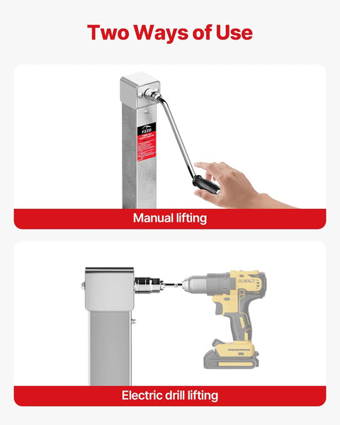 Trailer jack, heavy-duty 8000 lb, steel construction, shown in manual lift and cordless drill lifting setups