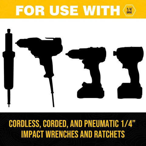 Silhouettes of cordless, corded, and pneumatic 1/4 inch impact wrenches and ratchets for Pro Grade Heavy Duty Impact Hex Bit Drill Bit Set.