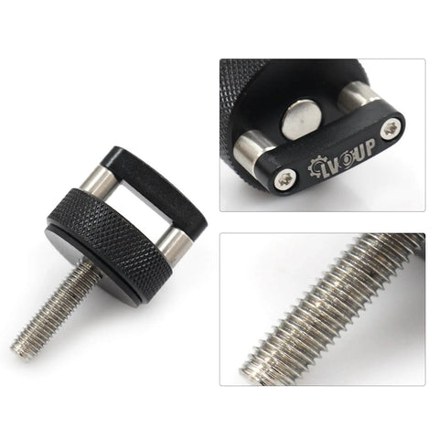 Black Quick Release Hard Top Bolts With Integrated D Ring Mount And Thumb Screws For Jeep Wrangler JK 2007 2018 JL 2018 2022 And Gladiator JT Replacement Kit No Hassle Install Heavy Duty Aluminum Construction close-up showing bolt and D-ring mount.