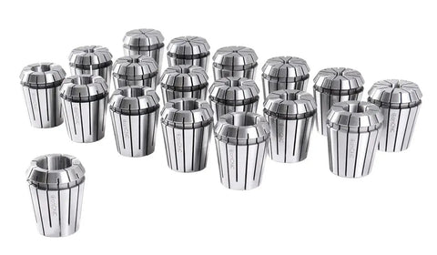 18-piece ER32 collet set from 3mm to 20mm by 1mm increments displayed against white background.