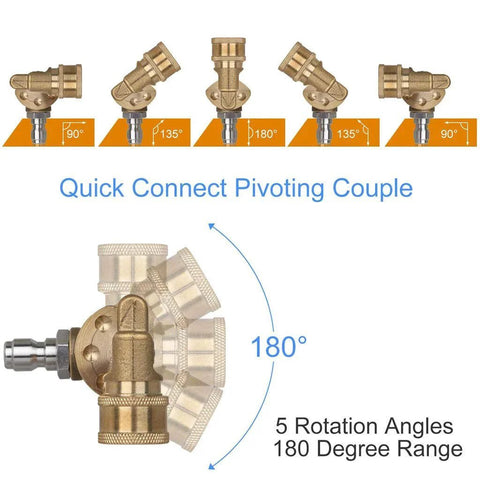 Quick connect pivoting coupler for Six Piece Pressure Washer Accessory Kit With Five Spray Nozzle Tips And Pivoting Quick Connect Coupler For Up To 4500 PSI One Quarter Inch Quick Change 180 Degree Angled Pivot For Hard To Reach Cleaning.