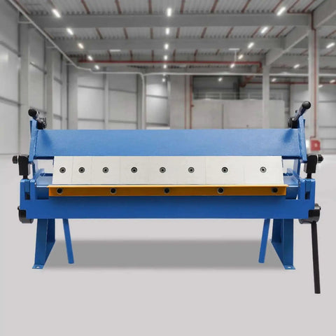 Front view of 24 Inch Sheet Metal Brake With 0 To 135 Degree Bend Pan And Box Style Removable Finger Set in a workshop setting