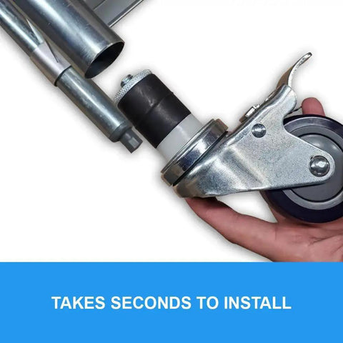 Close-up of hand installing a caster, highlighting 3 Inch Casters For Stainless Steel Work Tables And Metal Prep Tables Set Of 4 With 2 Brakes And 2 Non Brake Swivel Wheels Roll Easy Heavy Duty Durable For Equipment Stands And Workbenches.
