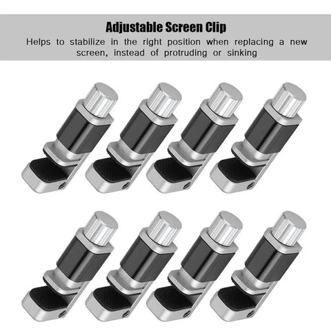 Eight-pack phone screen clip with adjustable aluminum fixture and rubber pads for LCD screen alignment and repair, universal fit.