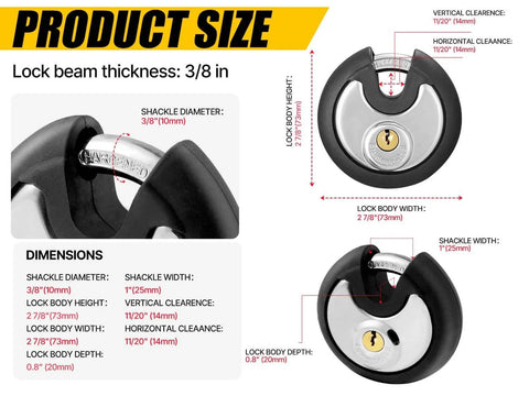 Diagram of Outdoor Stainless Steel Disc Padlock with 3/8 inch shackle, dimensions, and waterproof shield for sheds and fences.