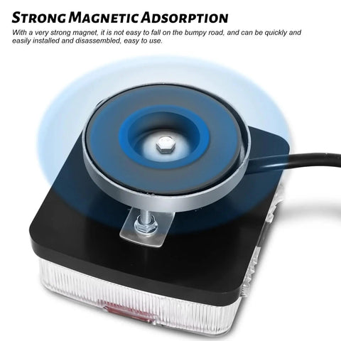 LED magnetic trailer light front view with blue magnet ring, black housing, clear lens.