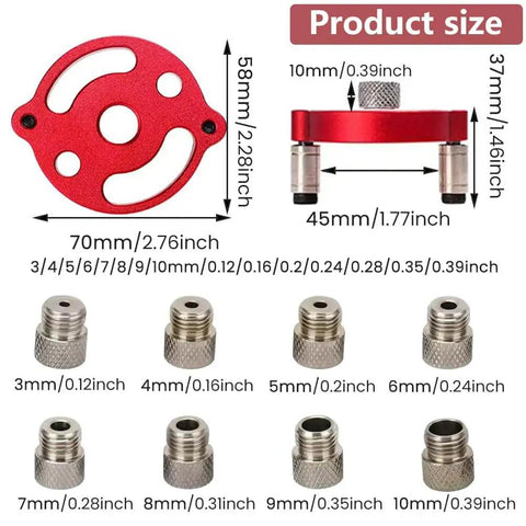 Centering Doweling Jig And Dowel Drill Guide, red aluminum, sizes 3-10mm, includes drill guide and inserts, for woodworking joinery.