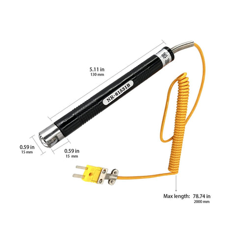 K-type surface temperature probe with yellow coiled lead and plug, black sensor labeled NR-8153IB, max length 2000 mm