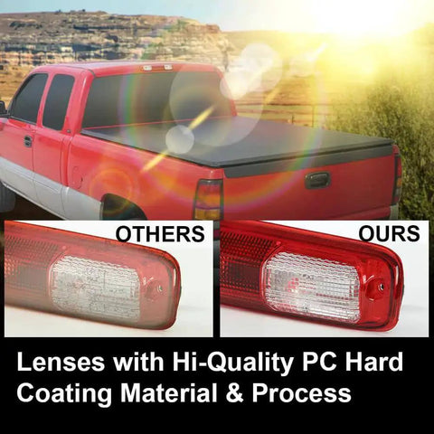 Installed high mount third brake light with bulb for Chevy Silverado and GMC Sierra 1999 to 2006 models shown in comparison.