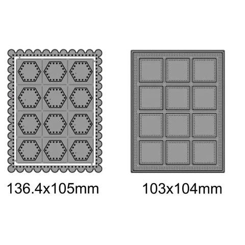 Two Sets Dotted Square Frame Dies For Card Making, Scallop Honeycomb Cover, Metal Cutting Dies with size measurements