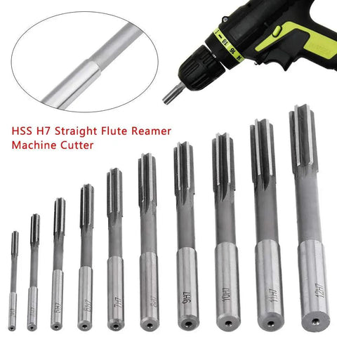 Pro Grade 10-Piece HSS H7 Reamer Set For Precise Bore Machining In Iron Plastic Wood Copper And Aluminum with drill in view