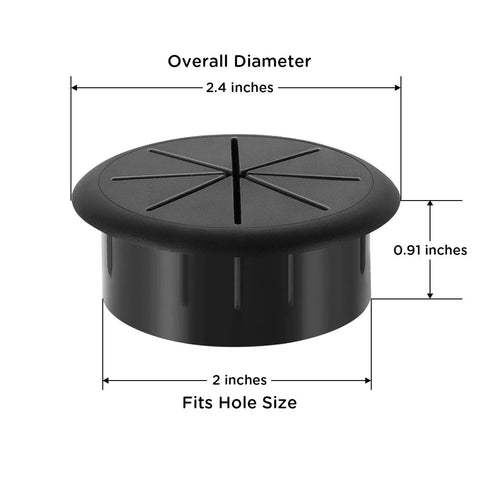 Black ABS grommet for cable management, two-inch hole fit, 2.4-inch overall diameter, flexible design. Pack of five for office use.
