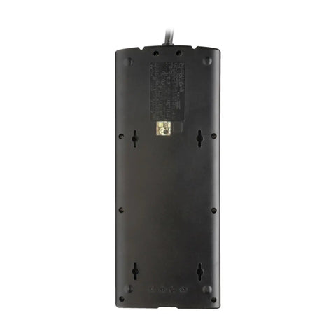 Back view of TLP1208TEL Home Theater Surge Protector Power Strip showing flat plug and mounting holes.