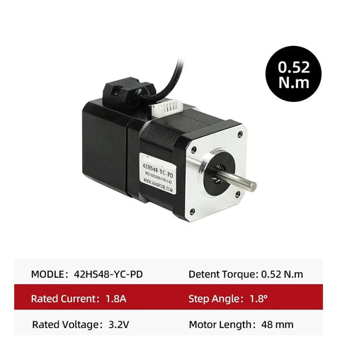 Front view of 42HS48-YC-PD NEMA17 stepper motor; 48 mm long, 4-lead, 1.8 A, 0.52 N·m torque.