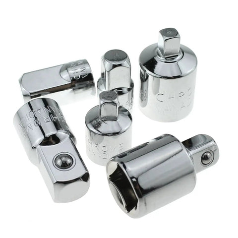 Six-piece chrome-vanadium socket adapter set for 1/4, 3/8, and 1/2 in drives; polished metal finish.