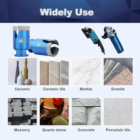 Diagram of Four And A Half Inch Vacuum Brazed Diamond Core Drill Bit For Porcelain Tile Ceramic Marble Granite Dry Drilling With 5 By 8 By 11 Thread And Hole Saw Pro Grade Heavy Duty Tool By BRSCHNITT showing compatibility with ceramic, marble, granite, and other materials.