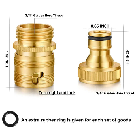 Solid brass garden hose quick-connect fittings, 3/4 in GHT, male and female adapters, 2-set with rubber O-ring