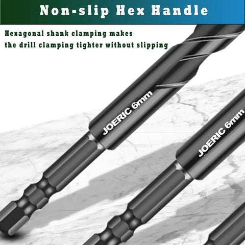 Close-up of Eccentric Drill Bit Set 10 Piece Three Sixteenths To One Half Inch For Masonry Concrete Tile Glass Brick Plastic Cement Wood With Durable Storage Case Pro DIYers Black showing hexagonal shank.