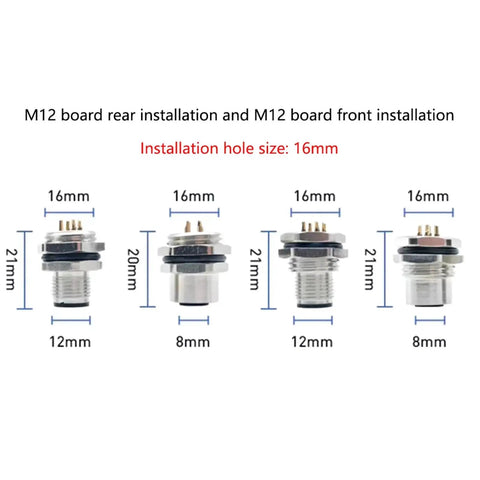 Diagram showing M12 board installation for 2Pcs 0.5 Meter M12 5 Pin A Coded Female Front Mount Connector Cable IP67 Waterproof