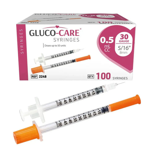 0.5ml Syringes 30G 5/16 Inch 8mm Leak-Proof With Clear Dosage Scale, 100 Pack, box and two syringes with clear scale and orange plunger