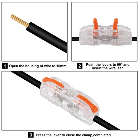 34 Piece Quick Connect Electrical Splicing Wire Connector Kit With Transparent Lever Connectors And Compact Inline Splices shown in use.