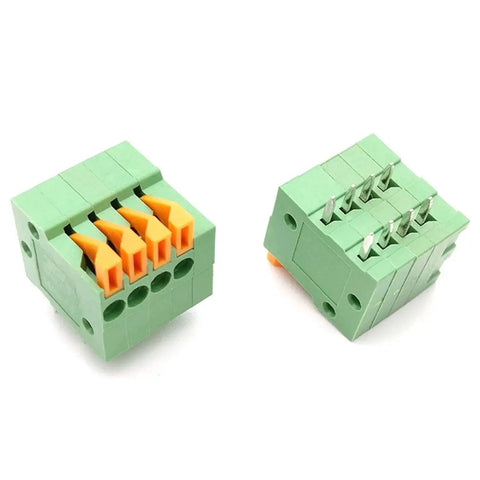 Front and back view of 8 Pin 4 Position 2.54mm Pitch Screwless PCB Terminal Block Connectors For KF141R KF141V, green with orange levers.