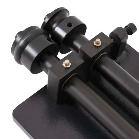 Close-up of die installation on Heavy Duty Sheet Metal Bead Roller For Fabrication 18 Inch Rotary Beading Tool With Six Dies Included One Sixteenth One Eighth One Quarter Step Dies And One Quarter Three Eighths One Half Bead Dies Built For Pro And DIY Metalwork
