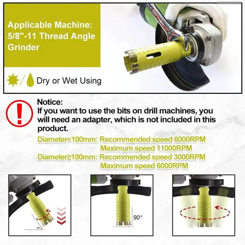 2 Inch Diamond Core Drill Bit For Wet Or Dry Drilling Hole Saw For Granite Marble Concrete And Quartz SANLEETEK Laser Welded 50mm Bit With 10mm Diamond Height And 25/35 Grit 5/8-11 Thread, attached to a 5/8-11 angle grinder
