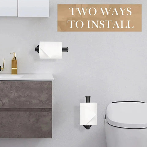 Bathroom showcase with two installation options of the Self Adhesive Toilet Paper Holder Wall Mount Matte Black Stainless Steel SUS 304