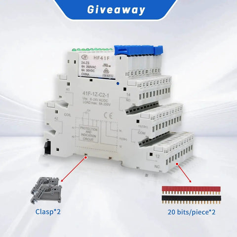 Slim 24V Relay Din Rail 5 Pin SPDT 1NO 1NC 6A 250VAC with LED and socket base, shown with additional components included in giveaway