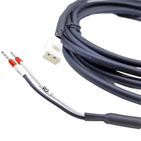 Holding brake cable for servo motors, black outer sheath with white 2-pin connector and red insulated terminals at wire ends