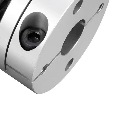 Close-up of a 12mm By 12mm Clamp Style Motor Shaft Diaphragm Coupling Coupler For Servo And Stepper Motors, showing aluminum hub and screws.