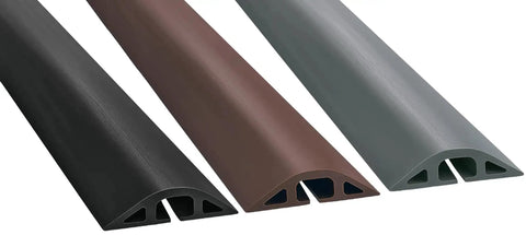 D-2 Rubber Duct Cord Cover 36 Inch Gray Floor Cable Protector For Power Cables Ethernet Coax Phone Lines And More USA Made displayed in gray, brown, and black colors