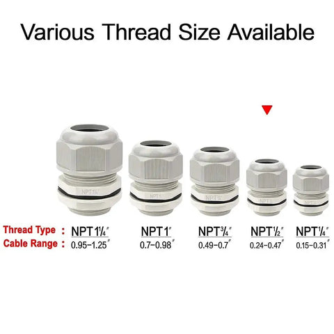 Five Pack NPT One Half Inch Cable Glands Waterproof And Adjustable For Cables And Wires From Six To Twelve Millimeter Grey Nylon