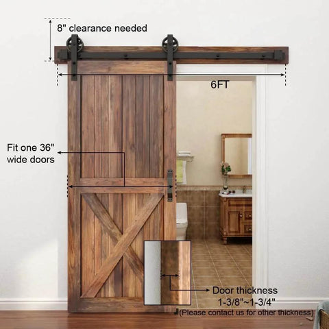 Heavy Duty Sliding Barn Door Hardware Kit Black 6 Ft Track System With Silent Glide Wheels Floor Guide Easy To Install shown on wooden door