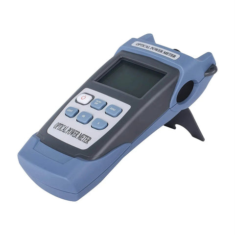 Handheld Optical Power Meter With SC FC Connector For Fiber Optic Testing, angled view on white background