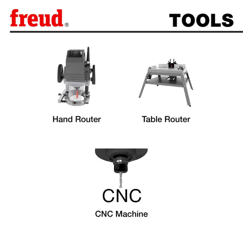 Freud Double Flute Straight Bit Eclipse Grind With Tico Hi Density Carbide for CNC and handheld routers depicted with router tools.